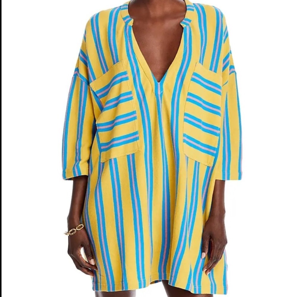 Free People FP Beach Daya Striped Tunic Dress Yellow Blue Pink Oversized M Boho